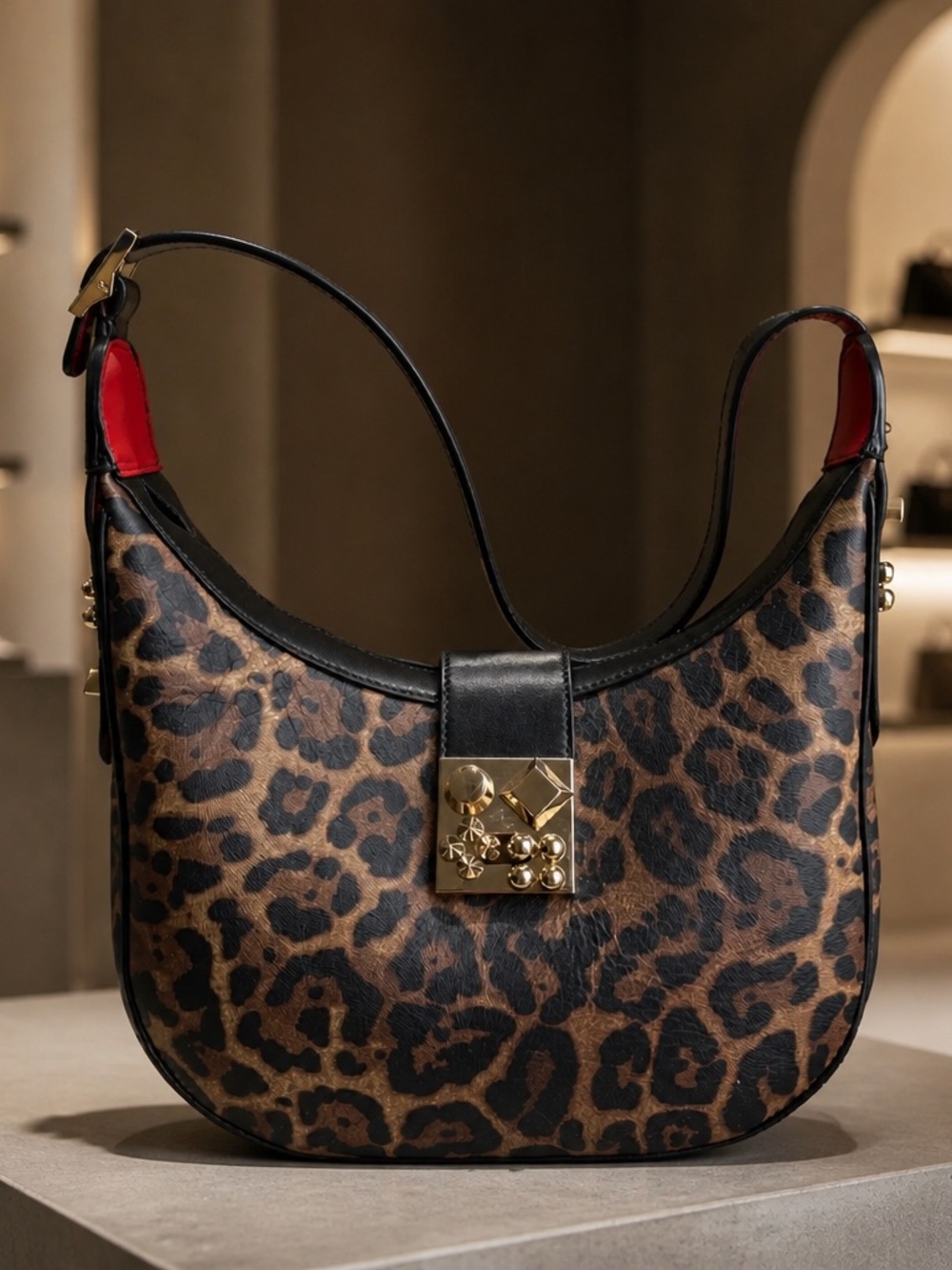 Calfskin Leopard Print Carasky Shoulder Bag